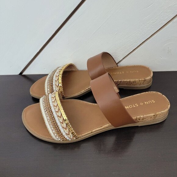 NEW Sun Stone Easten Slide Sandals Bead Cognac 7.5M Women's - Picture 2 of 7